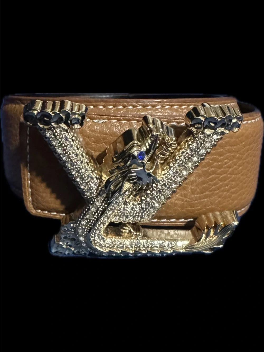 Brown Leather Men's Belt with Gold Crystal 'LV' Buckle